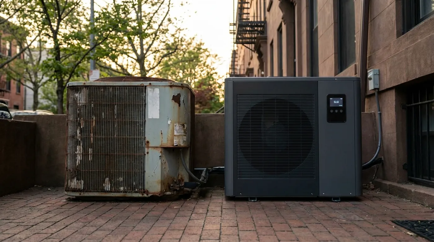 Old AC condenser next to a new high-efficiency unit